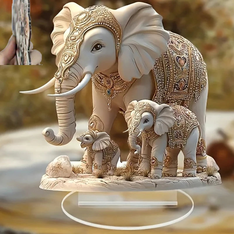 1PC White Elephant Family 2D Flat Acrylic Figurine Home Office Cafe Room Studio Display Case Table Ornament Desktop Decor Kit