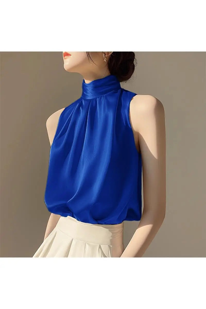Silkly Satin Sleeveless Crop Top Summer Half Turtleneck Women Pulover Tee Halter Vest Lady Loose Shirts Red party Blouses