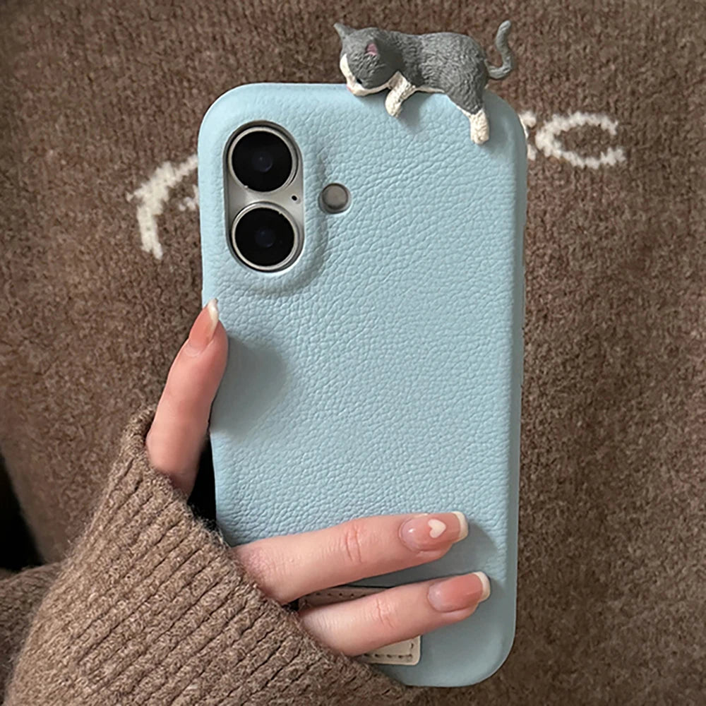 Korean Cute 3D Cat Phone Case For iPhone 16 15 14 13 11 12 Pro Max Plus X XR Lovely Kitten Soft Leather Silicone Cover Funda unique