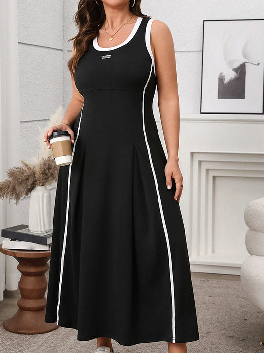 Women Plus Size Sleeveless Dress Summer Casual Contrast Color Round Neck A-Line Party Dress for Streetwear with Floral Print