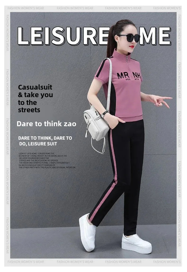 Fashionable Women's Sport Suit Summer New Style Slimming Casual 2-piece Set Age-reducing Running Clothes