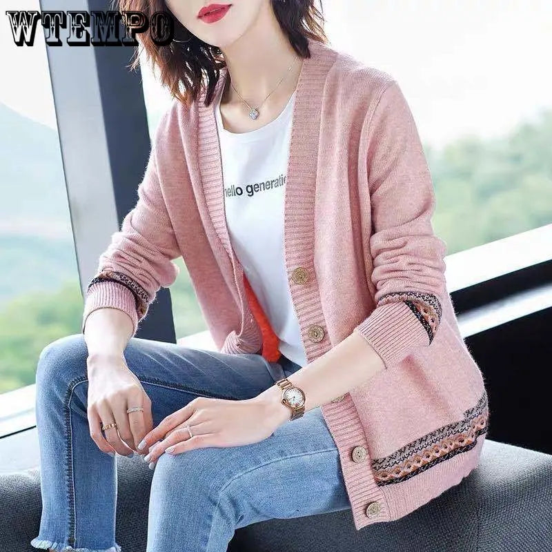 WTEMPO Spring Autumn Solid Color Women's Knitted Cardigan Long Sleeve Korean Loose V-Neck Button Sweaters Coat Female Clothing