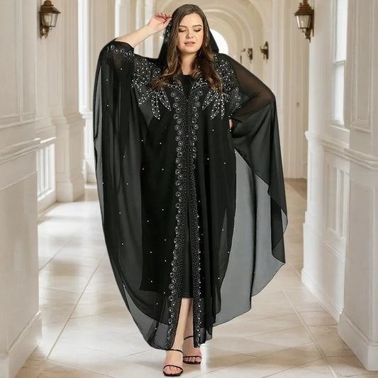Muslim Long Robe Dubai Bead Abaya Hooded Cloak Shoulder with Hat Middle East Muslim Women's Fashion Outerwear