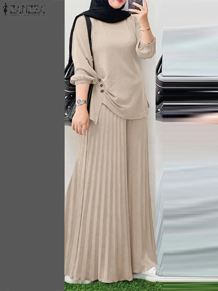 Autumn Matching Sets ZANZEA Outfits Casual Long Sleeve Tops Trousers Suit Solid Loose Tracksuit 2 Pieces Sets
