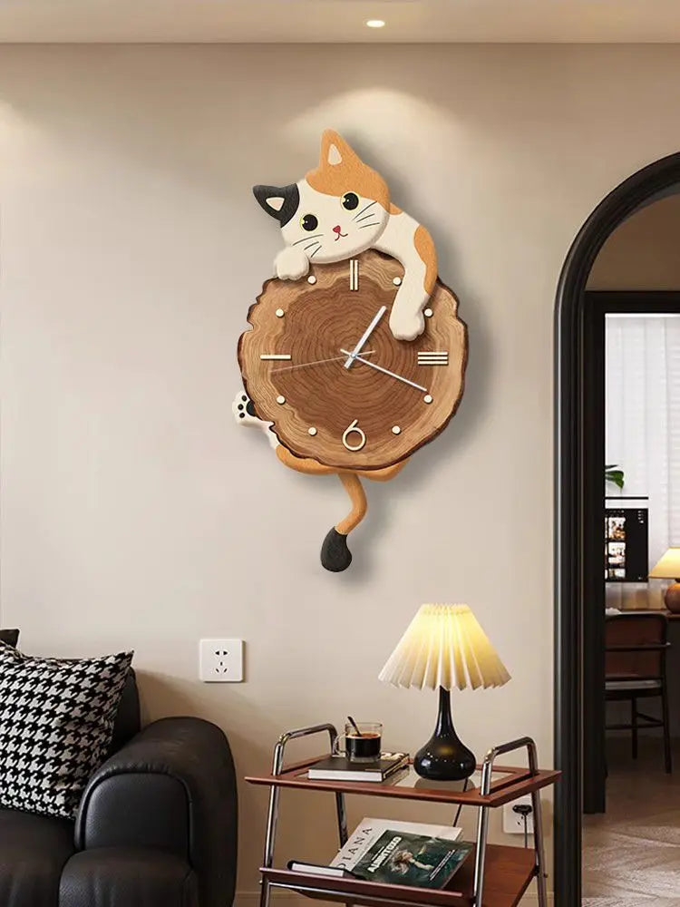 Cartoon Cat Wall Clock Creative Cat Tail Swing Wall Clock Quartz Mute Wall Clock Home Decoration Living Room Bedroom Decoration