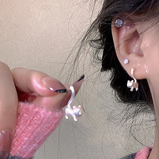 New Romantic Cute Cat For Women Fashionable Design Unique Funny Simple Silver Needle Earrings Jewelry Party Gift