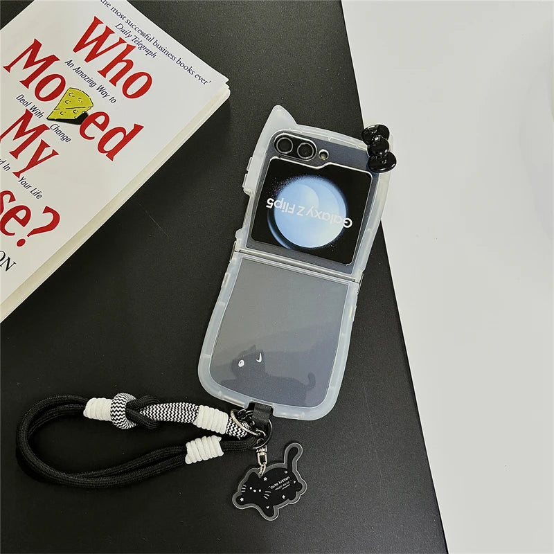 Korean Cute 3D Cat Phone Case For Samsung Galaxy Z Flip 6 5 4 Z Flip5 Flip6 Flip4 5G Cover with Hand Strap Pendant Silicone Capa