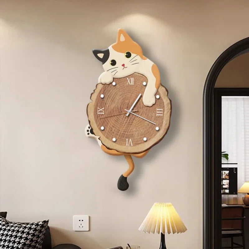Cartoon Cat Wall Clock Creative Cat Tail Swing Wall Clock Quartz Mute Wall Clock Home Decoration Living Room Bedroom Decoration
