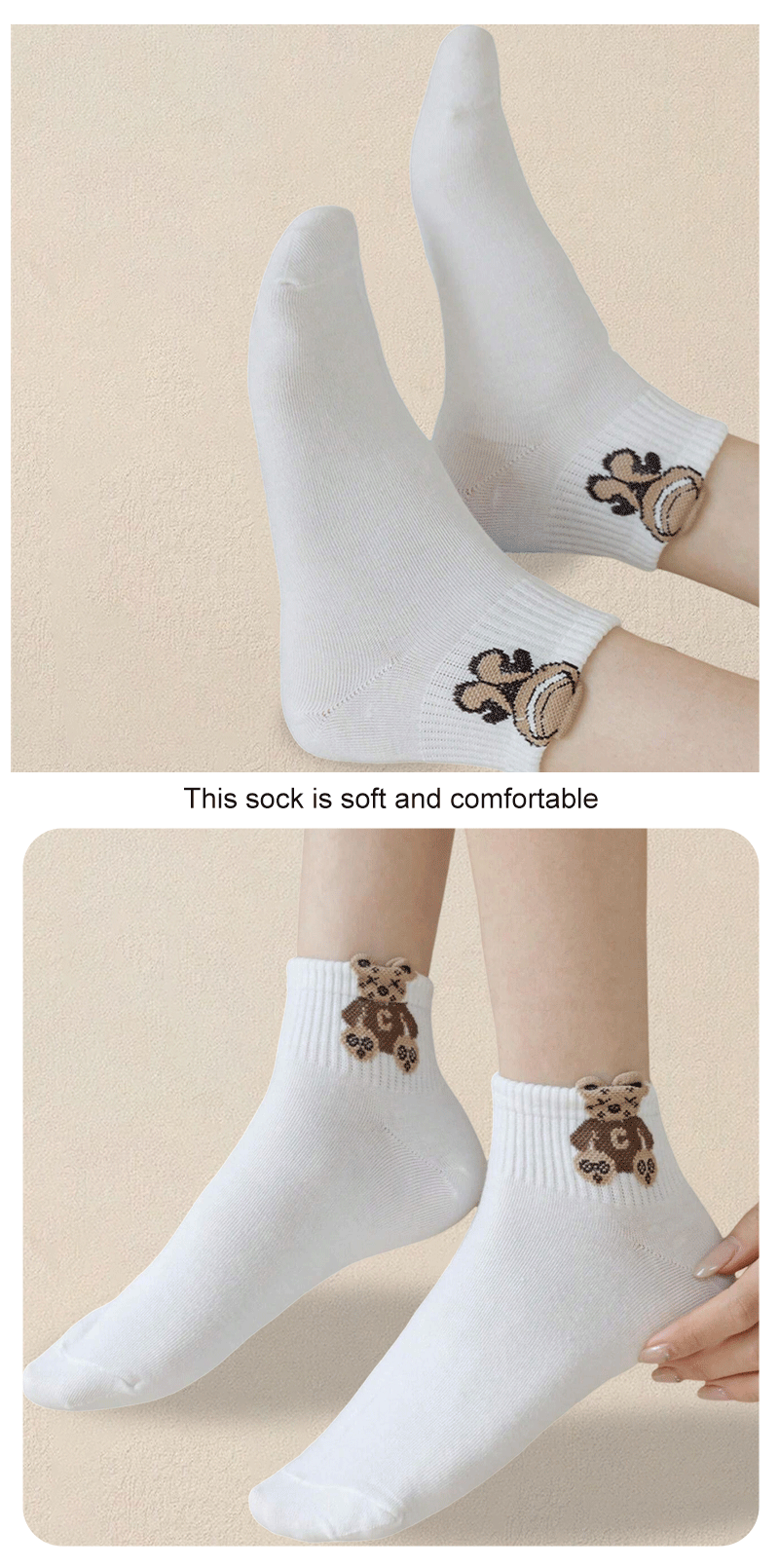 5/10/20 Pairs Women Cartoon Teddy Bear Patterned Ankle Socks Versatile Fashionable Creative Breathable Comfortable Casual Socks cloths