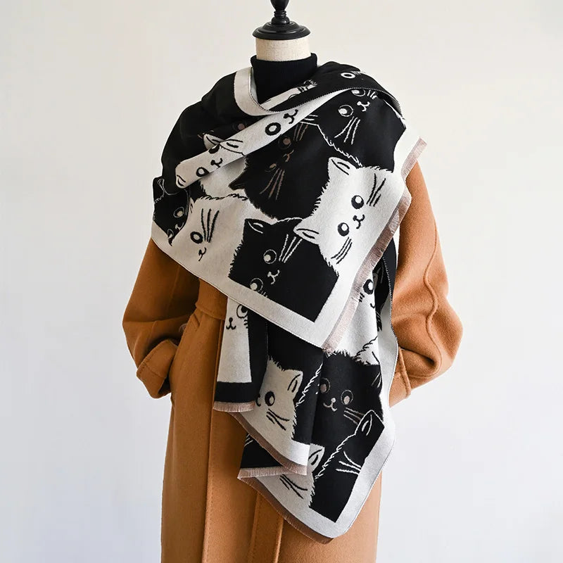 New Fashion Cute Cat Ladies' Jacquard Pashmina Cashmere Scarf Winter Thick Warmth Shawl Coldproof Windproof Blanket Scarf