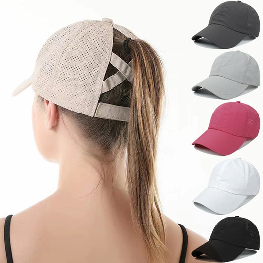 Summer Solid Color Baseball Caps Golf Wear Women Sport Leisure Cross Ponytail Hat Mesh Quick-Drying Half-Hollow