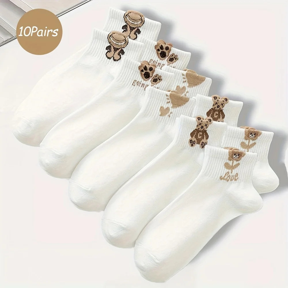 5/10/20 Pairs Women Cartoon Teddy Bear Patterned Ankle Socks Versatile Fashionable Creative Breathable Comfortable Casual Socks cloths