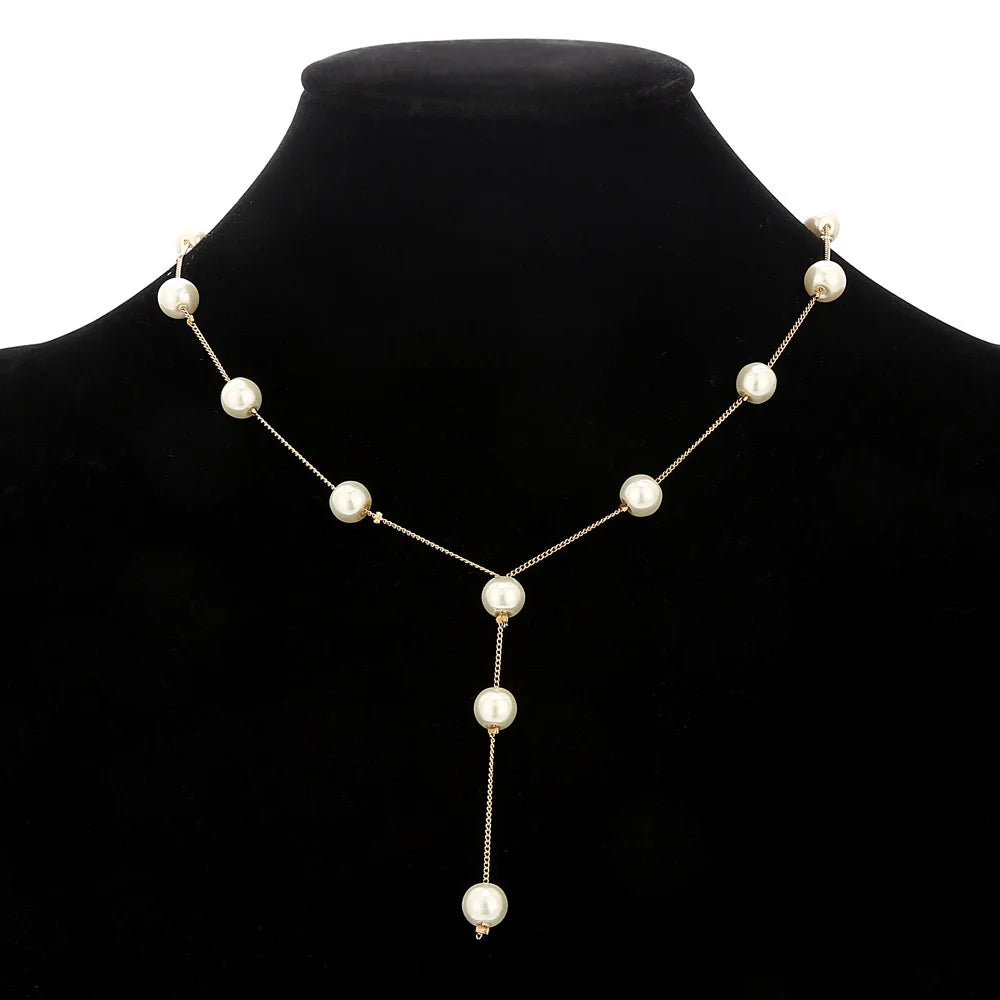 4pcs Gold-color Necklace Earring Bracelet Set Ladies Elegant Imitation-Pearls Collection Temperament Tassel Jewelry