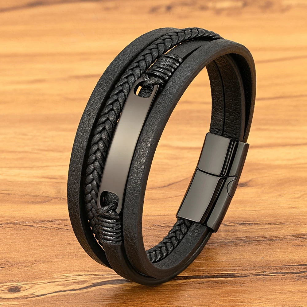 XQNI Multi-layer Braided Leather Wrap Bracelet Men Cool Trend Stainless Steel Casual Buckle Bracelet Jewelry Accessories Gift mon