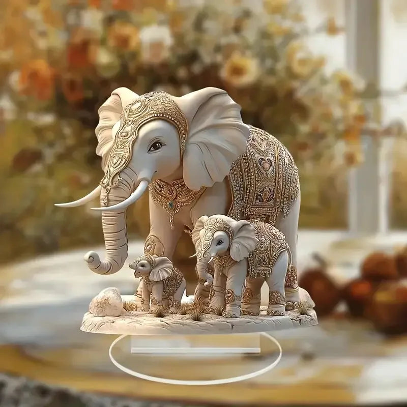 1PC White Elephant Family 2D Flat Acrylic Figurine Home Office Cafe Room Studio Display Case Table Ornament Desktop Decor Kit