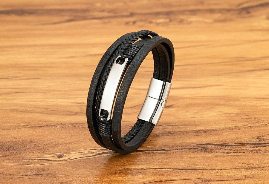 XQNI Multi-layer Braided Leather Wrap Bracelet Men Cool Trend Stainless Steel Casual Buckle Bracelet Jewelry Accessories Gift mon