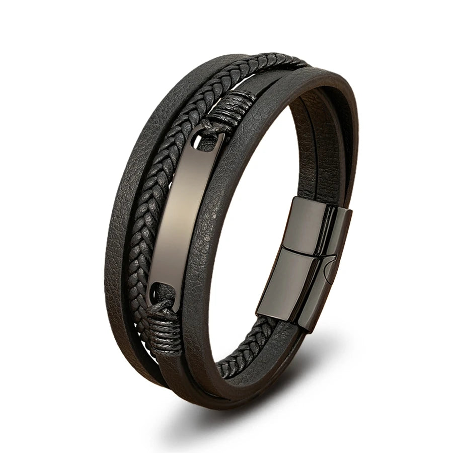 XQNI Multi-layer Braided Leather Wrap Bracelet Men Cool Trend Stainless Steel Casual Buckle Bracelet Jewelry Accessories Gift mon