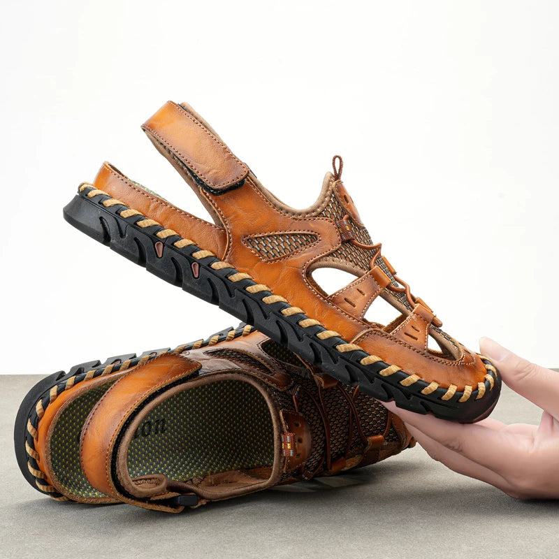 Handmade Summer Sandals Men Breathable Leather Shoes Man Retro Outdoor Men Sandals Antiskid Beach Sandals Hollow Shoes Footwear