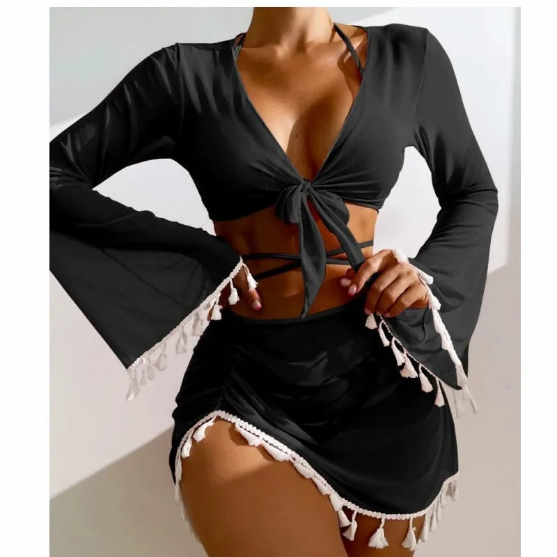 New Conservative Four Piece Solid Color Tassel Hoodie, Mesh Skirt, Bikini Swimsuit for Women
