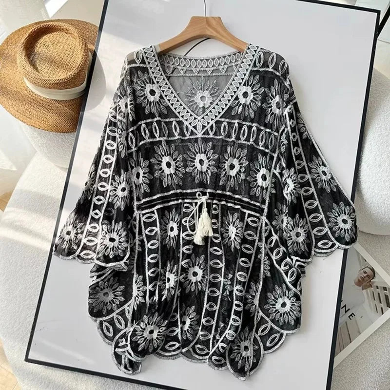 Ladies Blouse V-neck Bat Sleeve Shirt Summer New Loose Plus Size Cloak Waist Sunscreen Shirt Fashion Tops Clothing