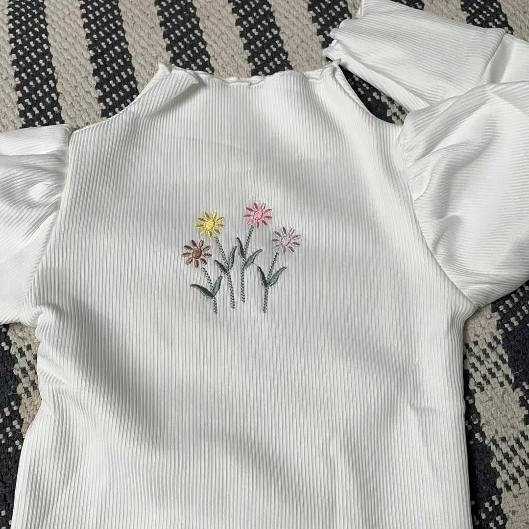 Autumn Winter Girls Bottoming Shirt Flower Embroidery Puff Sleeve Kids Baby Warm Thickening T-shirts Children Casual Tops