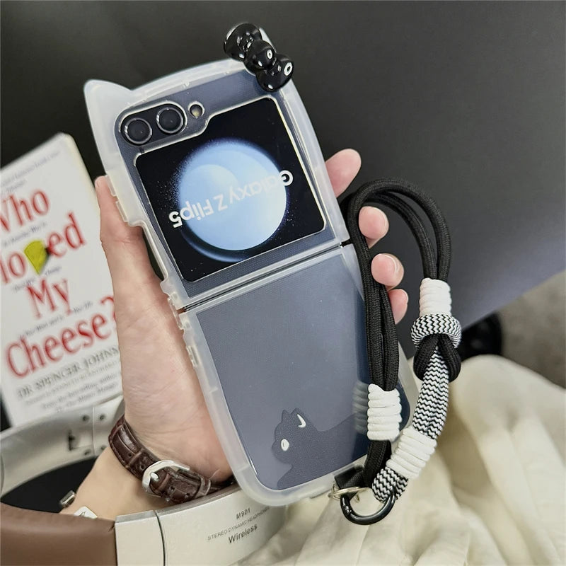 Korean Cute 3D Cat Phone Case For Samsung Galaxy Z Flip 6 5 4 Z Flip5 Flip6 Flip4 5G Cover with Hand Strap Pendant Silicone Capa