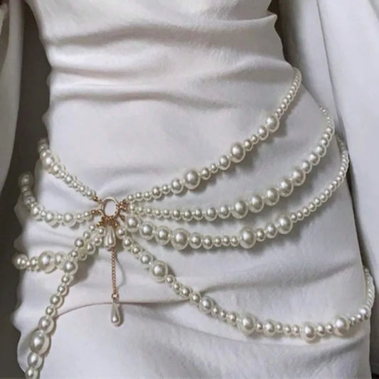 Multilayer Pearl Waist Chains for Women Imitation Pearl Metal Ring Tassel Belt Fashion Elegant Body Jewelry Clothing Accessories