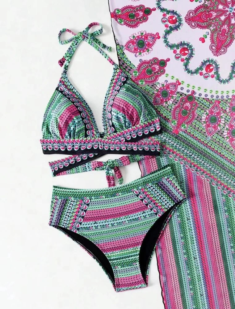 Vintage National Bikini Swimsuit With Mesh Cover Ups Cross Front Halter Bikini 3 Piece Set Blue/Green/Red High Waist Beachwear