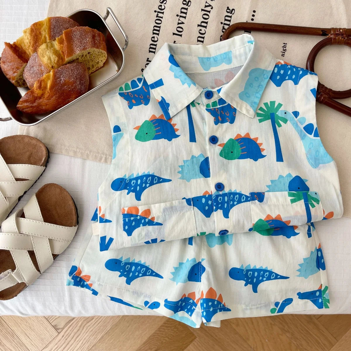 Kids Fashion 2-Piece Summer Beach Clothes Set for Toddler Boys Sleeveless Print Top Shirt+Shorts