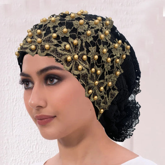 Embroidery Beading Turban Cap for Women Muslim Headscarf Hat Hairloss Chemo Cap African Headwrap Bonnet