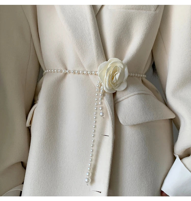 1pcs Pearl Waist Belt Women's New Style Camellia Decorative Versatile Waist Belt Matching Dress Coat Jacket Fashion Elegant Belt