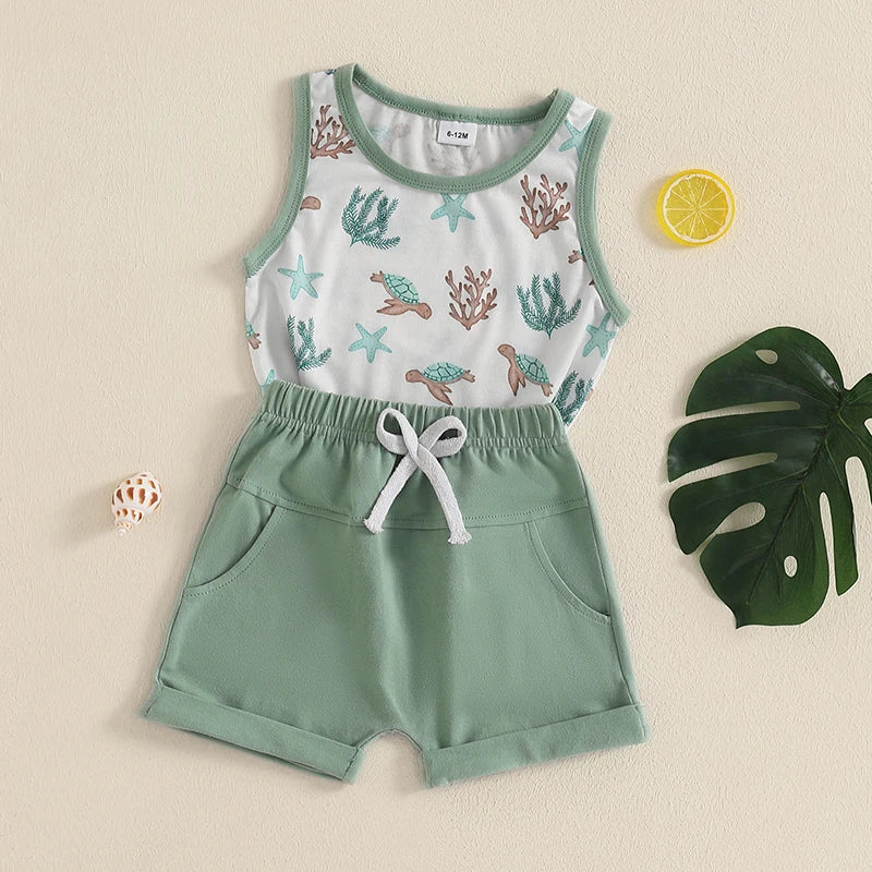 Infant Toddler Boy Summer Clothes Sleeveless Pattern Print Tank Vest Top Solid Jogger Shorts Set Beach Outfit