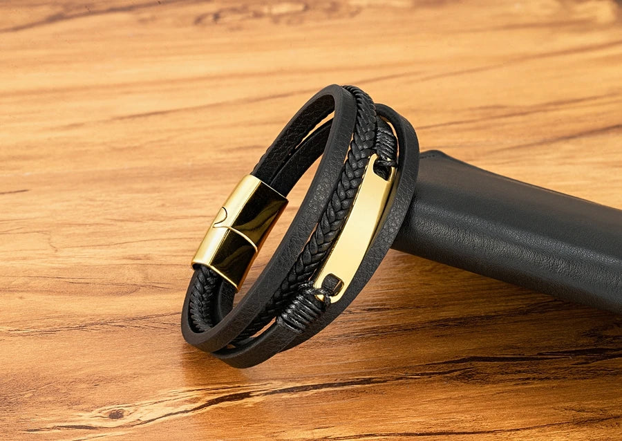 XQNI Multi-layer Braided Leather Wrap Bracelet Men Cool Trend Stainless Steel Casual Buckle Bracelet Jewelry Accessories Gift mon
