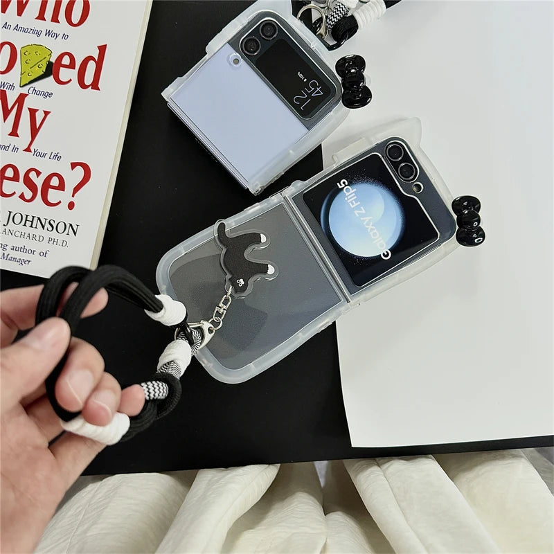 Korean Cute 3D Cat Phone Case For Samsung Galaxy Z Flip 6 5 4 Z Flip5 Flip6 Flip4 5G Cover with Hand Strap Pendant Silicone Capa