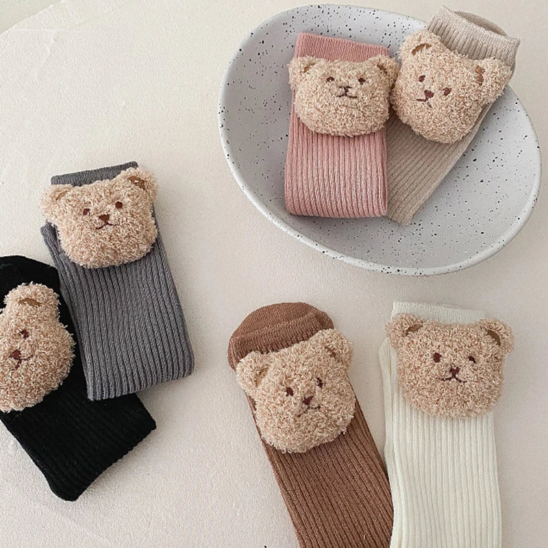 Bear Doll Children Long Tube Socks Winter Autumn Warm Kids Knee High Sock Cotton Girl Sokken Soild Color Stockings 2-8Y