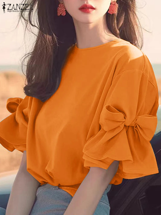 ZANZEA Vintage Bow Tie Patchwork Chiffon Blouse Women Ruffles Shirt Autumn Elegant Lantern Short Sleeve Tops Tunic