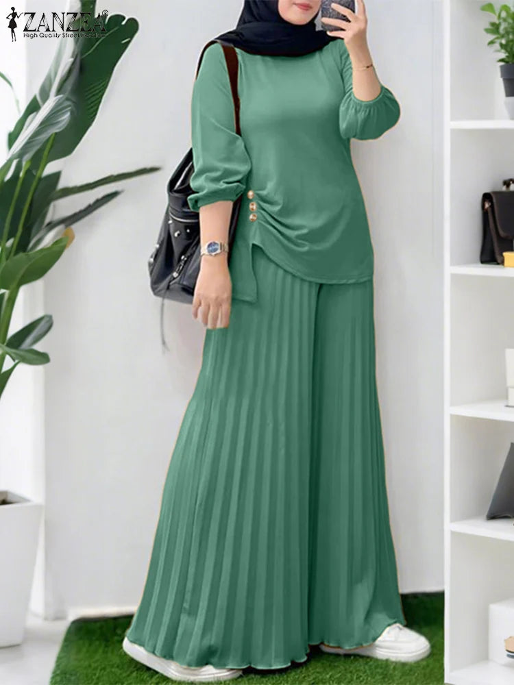 Autumn Matching Sets ZANZEA Outfits Casual Long Sleeve Tops Trousers Suit Solid Loose Tracksuit 2 Pieces Sets