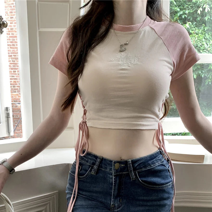 Woman Tshirt Bandage Slim Waist Hollow Out T Shirt Summer Casual T-shirts Crop Tops Shirts for Women