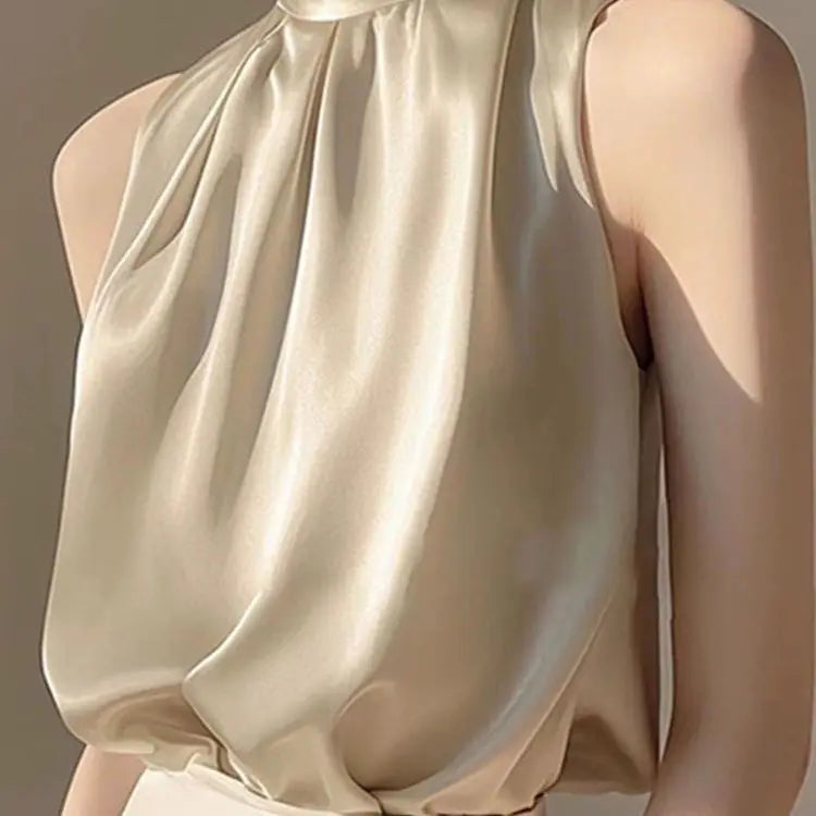 Silkly Satin Sleeveless Crop Top Summer Half Turtleneck Women Pulover Tee Halter Vest Lady Loose Shirts Red party Blouses