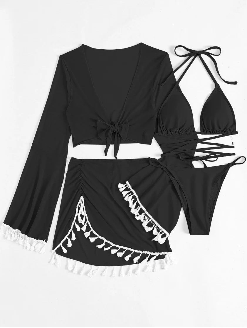 New Conservative Four Piece Solid Color Tassel Hoodie, Mesh Skirt, Bikini Swimsuit for Women