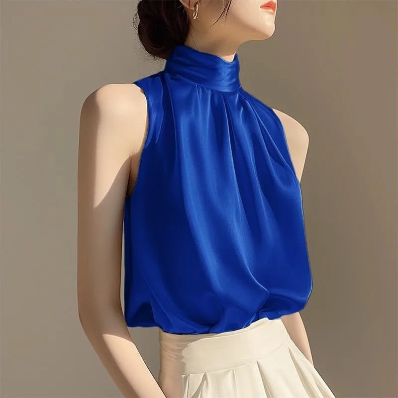 Silkly Satin Sleeveless Crop Top Summer Half Turtleneck Women Pulover Tee Halter Vest Lady Loose Shirts Red party Blouses