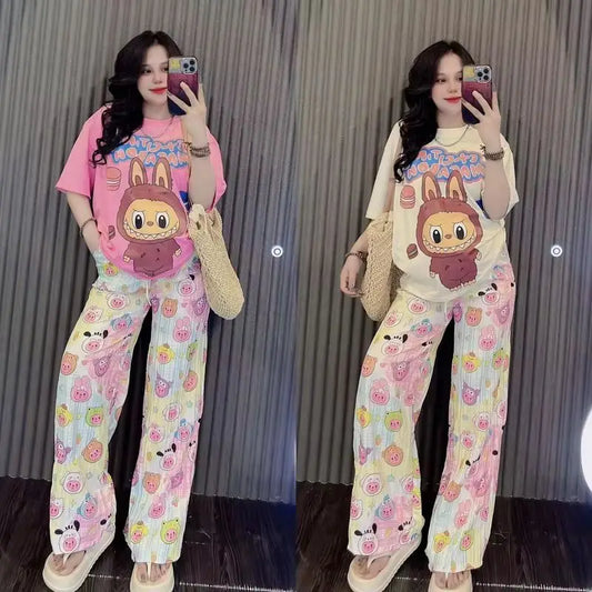 Labubu 2pcs Set Print T-Shirt And Pants Anime Cartoon Short Sleeved Shirt Casual Fashion Kawaii Cute Woman Outdoor Clothing Gift
