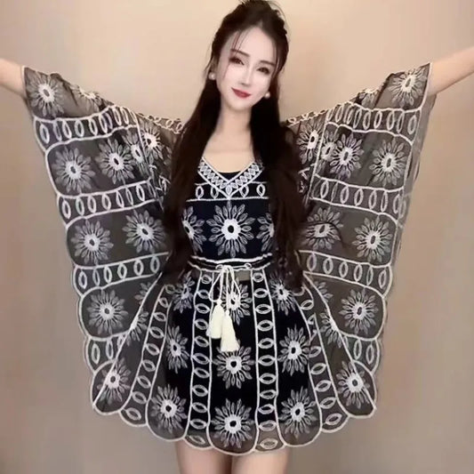 Ladies Blouse V-neck Bat Sleeve Shirt Summer New Loose Plus Size Cloak Waist Sunscreen Shirt Fashion Tops Clothing