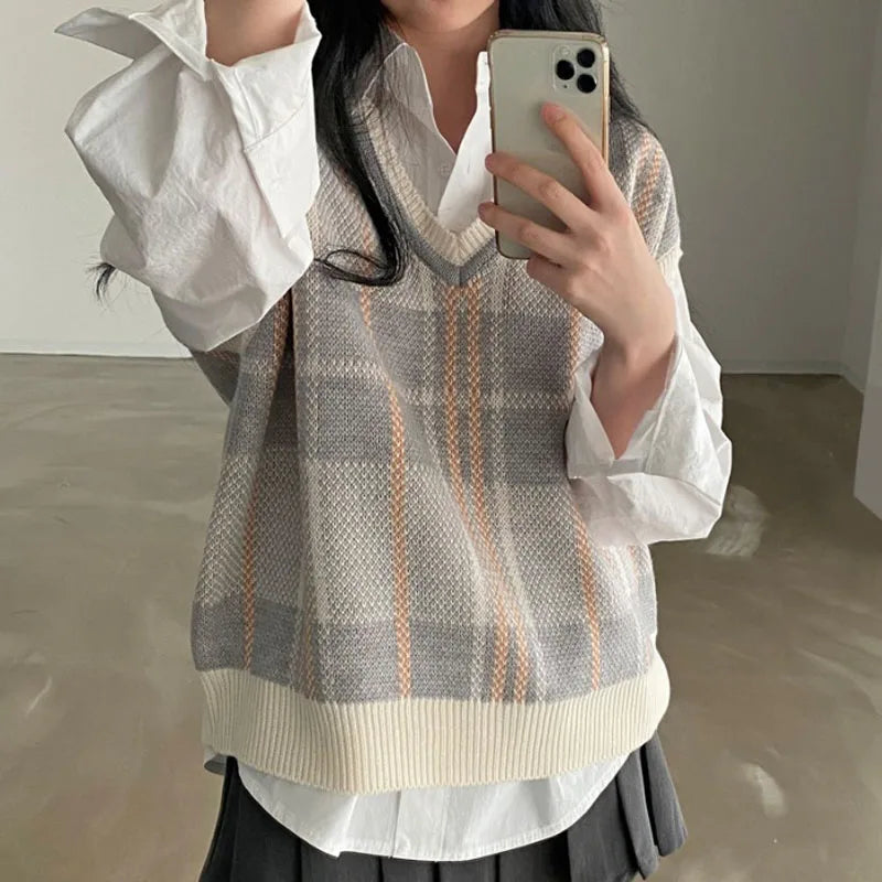 Vintage V-neck Plaid Sweater Vest Women Autumn Winter Vintage Knit Sweaters Pullover Loose Korean Knitwear Tops Pull Femme