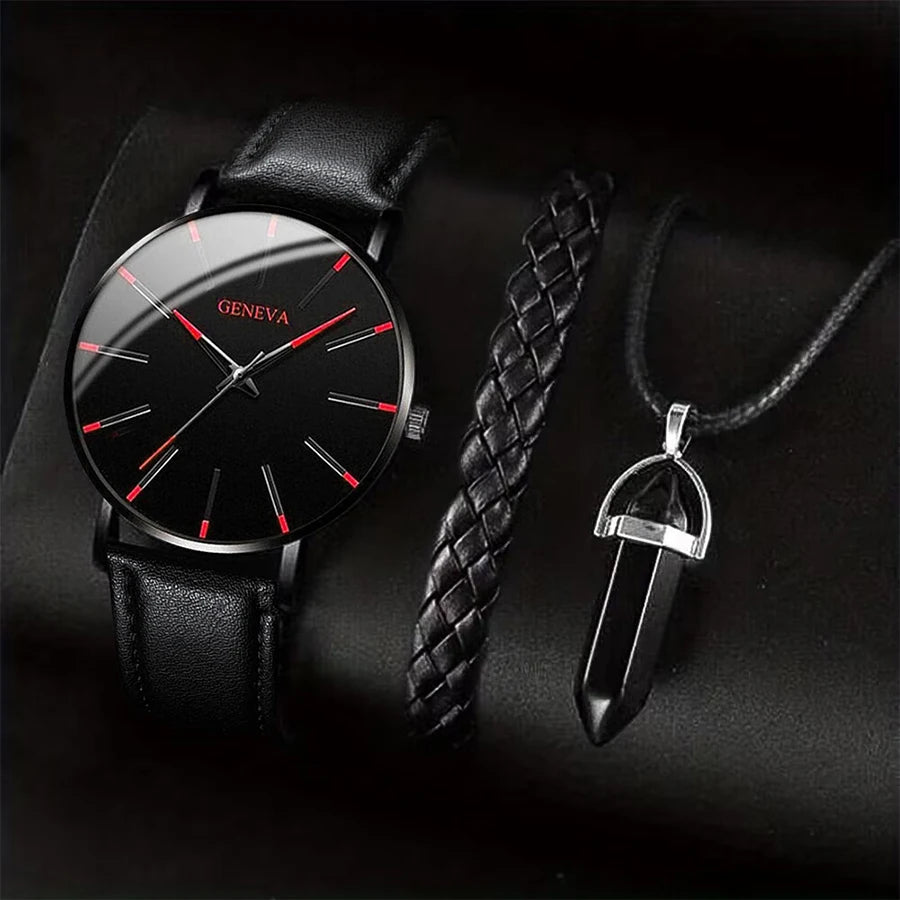 3PCS/Set Fashion Men's Watch Casual Leather Band Quartz Wristwatch Men Business Watches Bracelet Necklace Set accessories