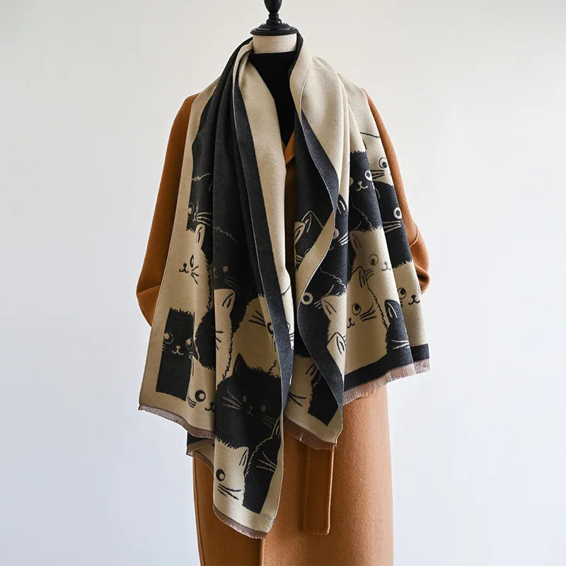 New Fashion Cute Cat Ladies' Jacquard Pashmina Cashmere Scarf Winter Thick Warmth Shawl Coldproof Windproof Blanket Scarf