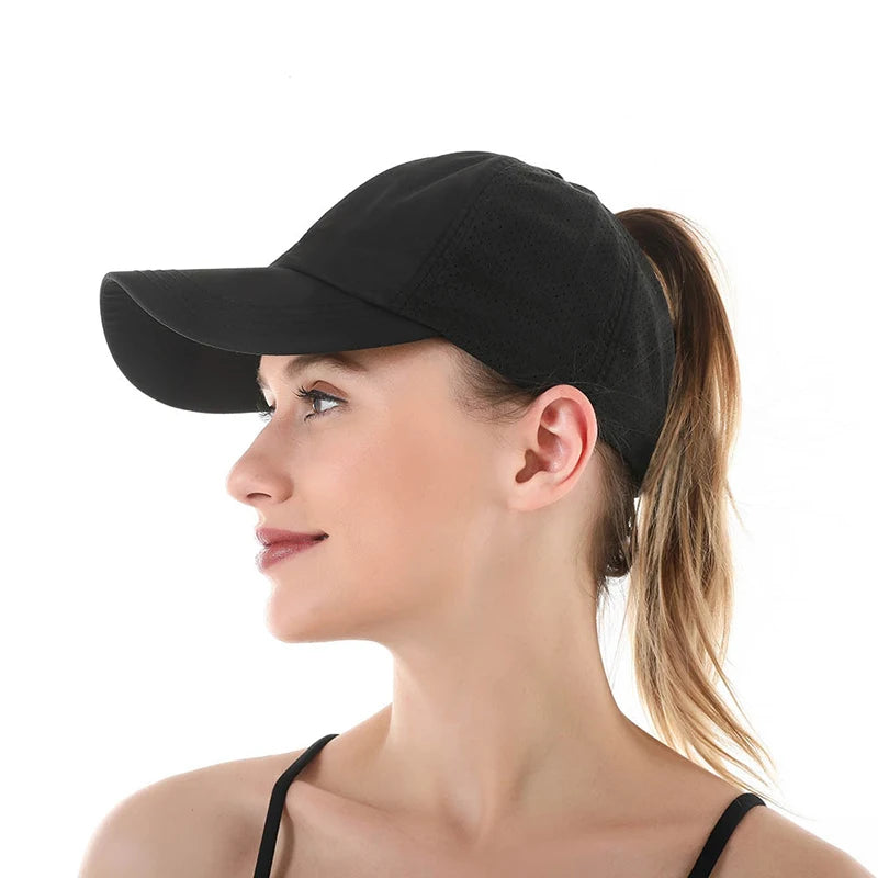 Summer Solid Color Baseball Caps Golf Wear Women Sport Leisure Cross Ponytail Hat Mesh Quick-Drying Half-Hollow