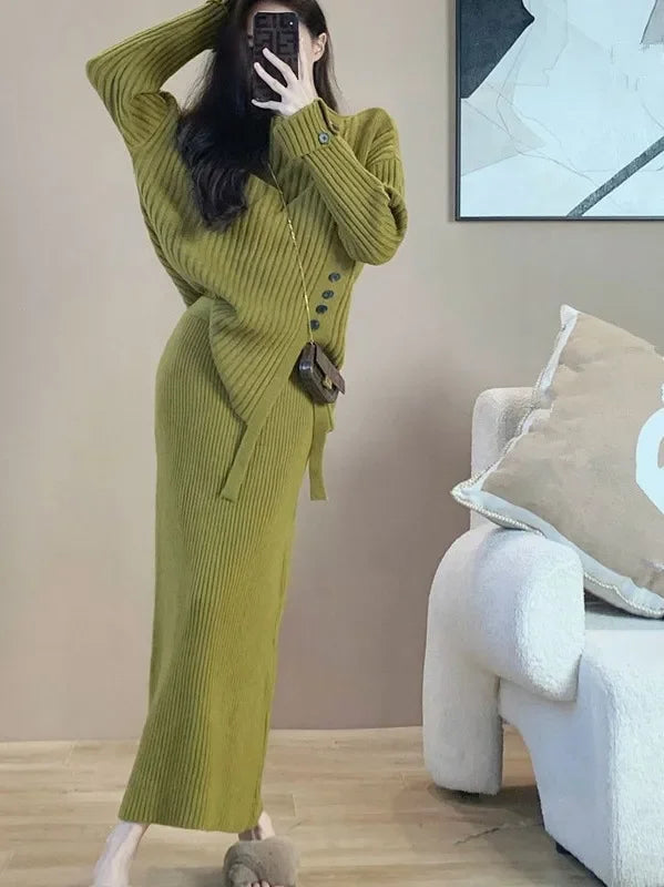 Knitted Sweater Two Piece Set Women's Autumn and Winter Thickened Comfortable Pullover Loose Sweater Tops and Knitted Dress Set