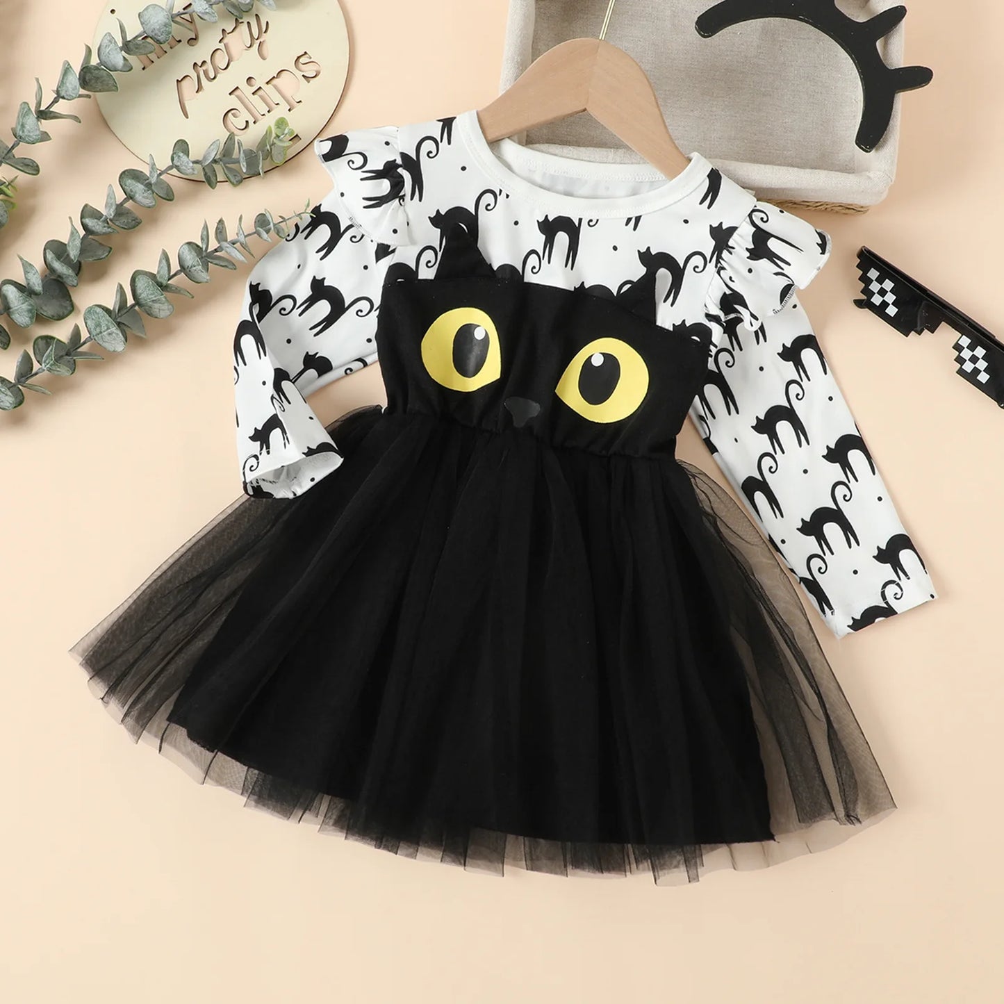 Halloween European American Kid Costume Girl Autumn Dress Long Sleeve Cartoon Black Kitten Printed Tulle Children Princess Dress