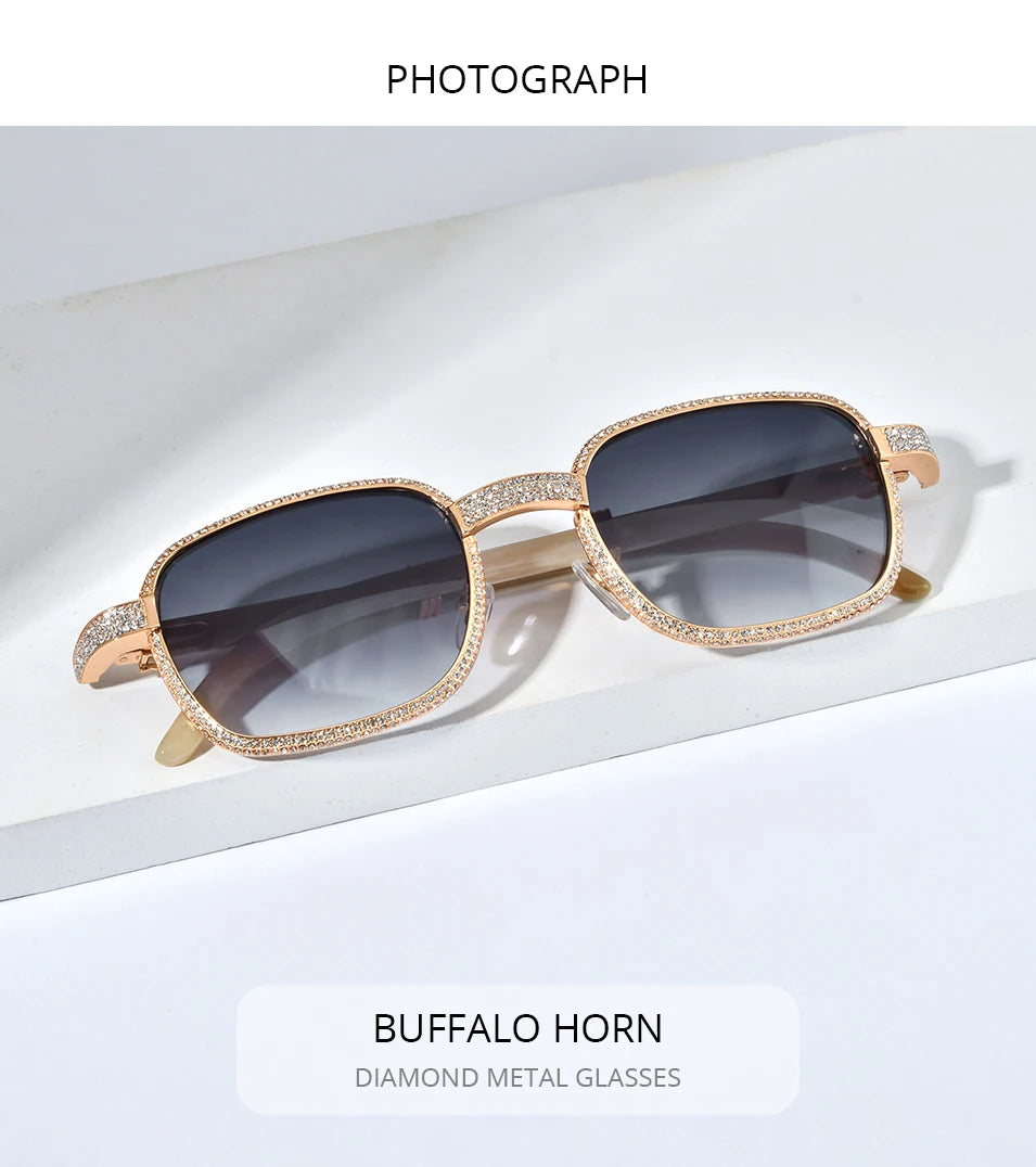 HEPIDEM High Quality Men Buffs Sunglasses Square Luxury Brand Design Diamond Sumptuous Sun Glasses Women Buffalo Horn Glasses